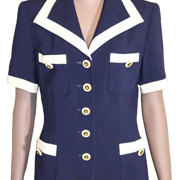 Vintage 80s Sailor Collared Button Down Short Sleeve Blouse Preppy Blazer Office - Picture 2 of 4